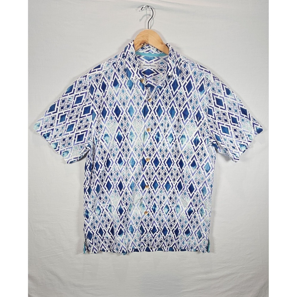 Tommy Bahama Geometric Blue Camp Shirt Medium Button Front Tropical Silk Blend